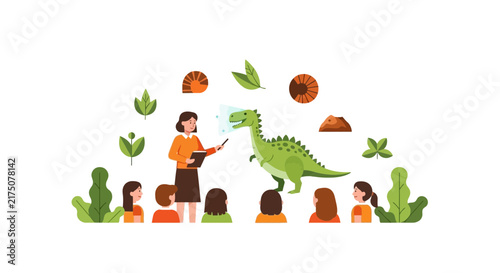 Teacher Teaching Paleontology with Augmented Reality Dinosaur to Children Students Vector Illustration