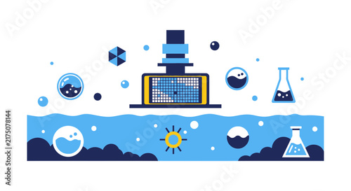 Flat Vector Illustration of Smart Water Purification and Digital Environmental Monitoring Technology