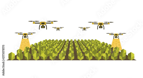 Smart Agriculture Vector Illustration with Drones Monitoring Crops