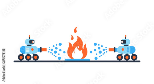 Autonomous Firefighting Robots Extinguishing Flames Flat Vector Illustration