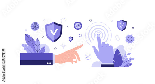 Cyber Security and Data Protection Vector Illustration with Human Hands Interacting with Security Shields and Verification Icons