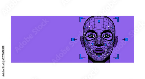 AI Facial Recognition and Biometric Identity Banner. Digital Human Head Wireframe for Cybersecurity and Technology Concepts.