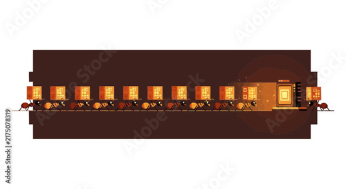 Stylized Illustration of Ants Carrying Data Packets Inside a CPU Tunnel, Concept of Teamwork and High-Speed Information Processing
