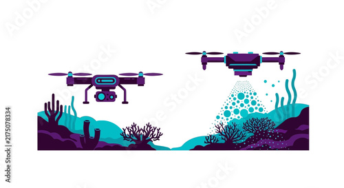 Drone Technology Monitoring Coral Reef Vector Illustration