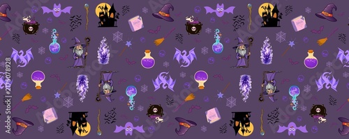 Fotografía Seamless magical wizard pattern with purple dragon, glowing potions, and haunted