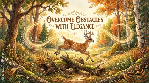 Majestic Stag Leaps Over Fallen Logs in Enchanting Autumn Forest with Inspirational Text 'Overcome Obstacles With Elegance'