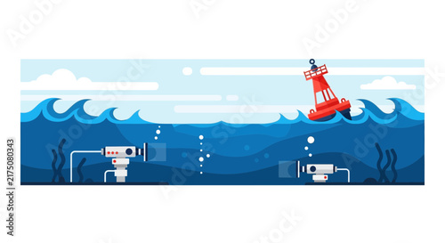 Flat Vector Illustration of Underwater Monitoring Sensors and Surface Navigation Buoy in Deep Ocean