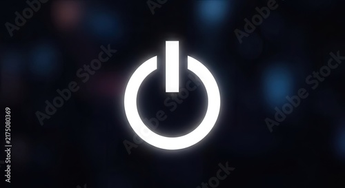 Glowing white power button symbol on dark background.