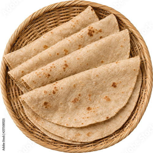 Half Folded Wheat Chapatis Displayed in a Round Rattan Basket