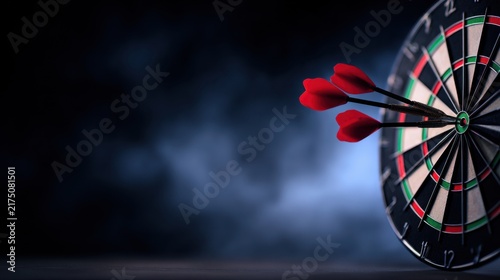 A dartboard with three red darts is sharply focused against a soft, smoky background