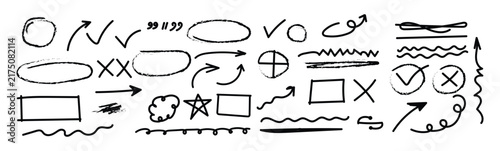Hand drawn arrow and circle doodle set, crayon underline check mark line element collection vector