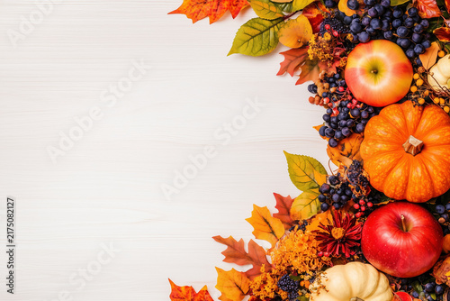 Autumn leaves, berries, and apple corner frame on white wooden background with copy space.