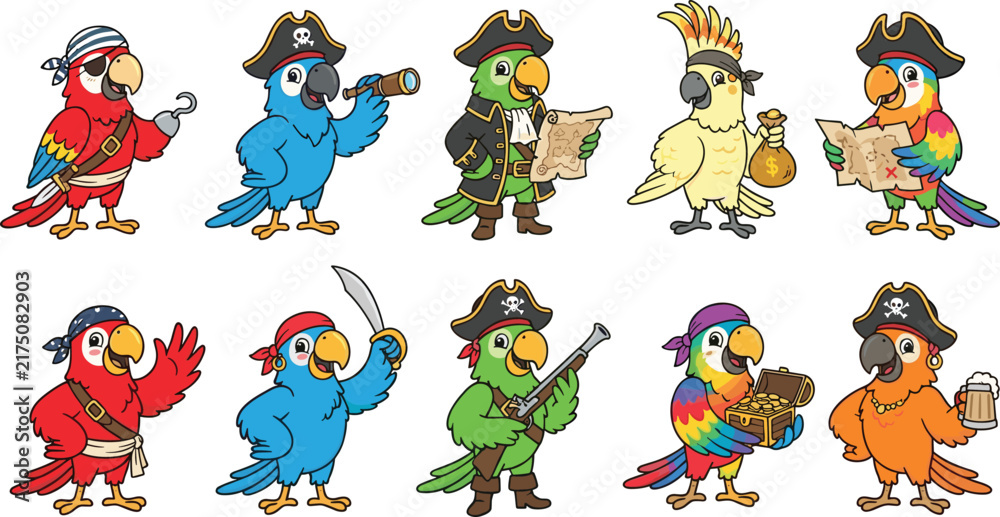 Obraz premium Pirate parrot cartoon vector illustration set, colorful bird characters with costumes, playful fantasy animal design