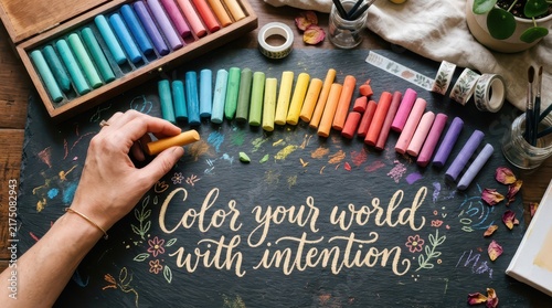 Overhead view of a hand holding an orange pastel chalk on a black surface with a colorful chalk selection and inspiring calligraphy text