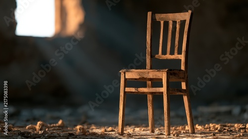 Weathered wooden chair rests on dusty rubble inside abandoned room, crossed by diagonal window light, evoking restoration, memory, solitude, and postdisaster architectural storytelling