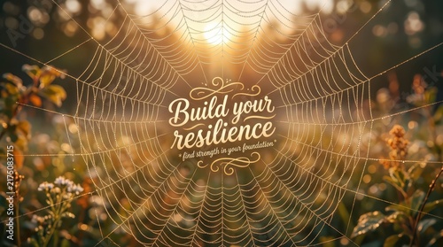 Spider web with dew drops in morning sunlight, inspirational text 'Build your resilience, find strength in your foundation'