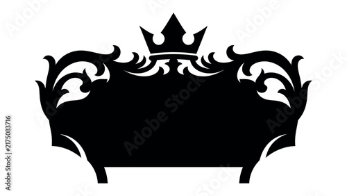 Foto Royal Crest Silhouette: An elegant black silhouette of a royal crest, featuring an ornate crown and decorative scrollwork, evokes a sense of nobility and timeless grandeur