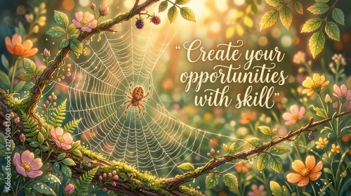 Spiderweb with spider and flowers in sunlight with inspirational quote 