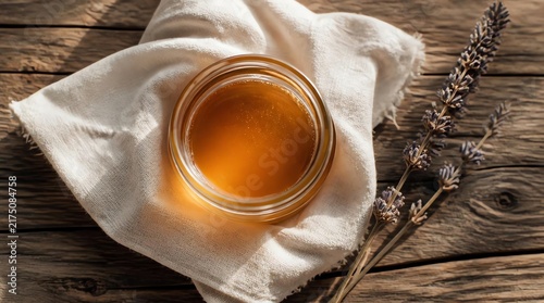 Top view of Natural Raw Honey in Glass Jar on White Cloth with Fresh Lavender Sprig and Wooden Table