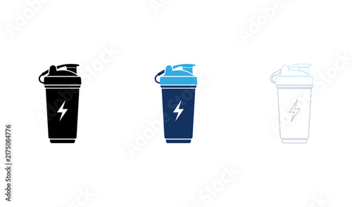 Protein shaker bottle icon set with energy bolt symbol for gym supplements branding.