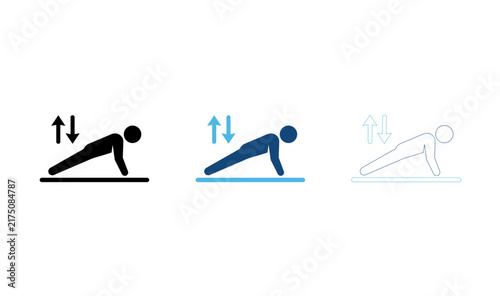Push up fitness icon set in solid blue and line art versions for exercise tracking apps.