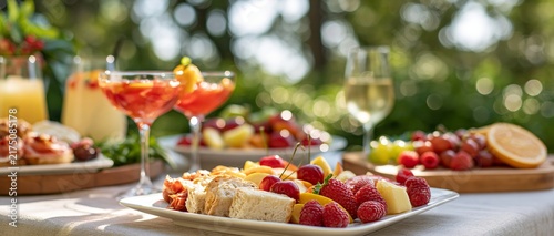 Brunch table set outdoors with colorful cocktails in stemmed glasses beside platters of assorted fresh fruits including raspberries cherries grapes and orange slices arranged on ceramic plates under