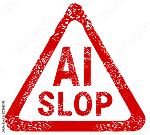 Red grunge rubber stamp warning sign with AI SLOP text representing low quality generative AI content rejection, digital pollution, and spam awareness (cut out)
