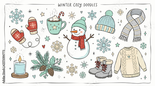 Winter Doodle Illustration Sheet with Snowflakes and Seasonal Elements