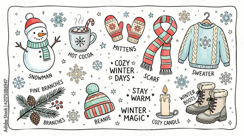 Winter Doodle Illustration Sheet with Snowflakes and Holiday Elements