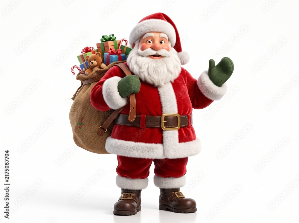 Fototapeta premium Cute 3D Santa Claus Character Waving with Sack of Gifts Isolated on White