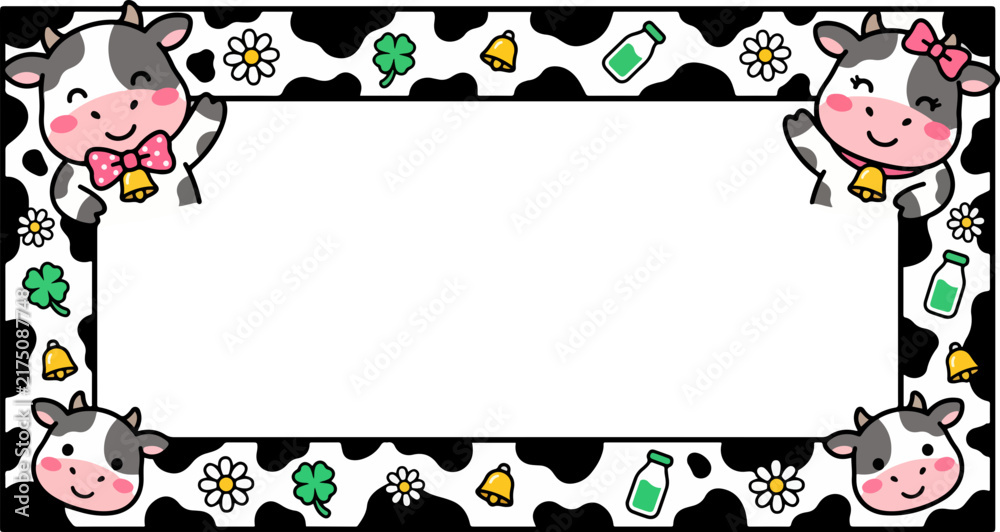 Fototapeta premium Cute cow border frame with dairy farm animals and flowers