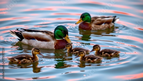 A photograph of three ducks swimming in water with ripples; their reflections visible above them, likely taken during the daytime.