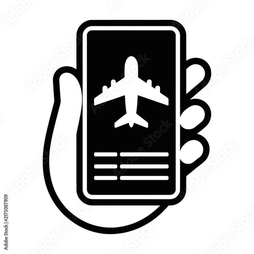 Black and white vector illustration of a hand holding a smartphone with an airplane flight boarding