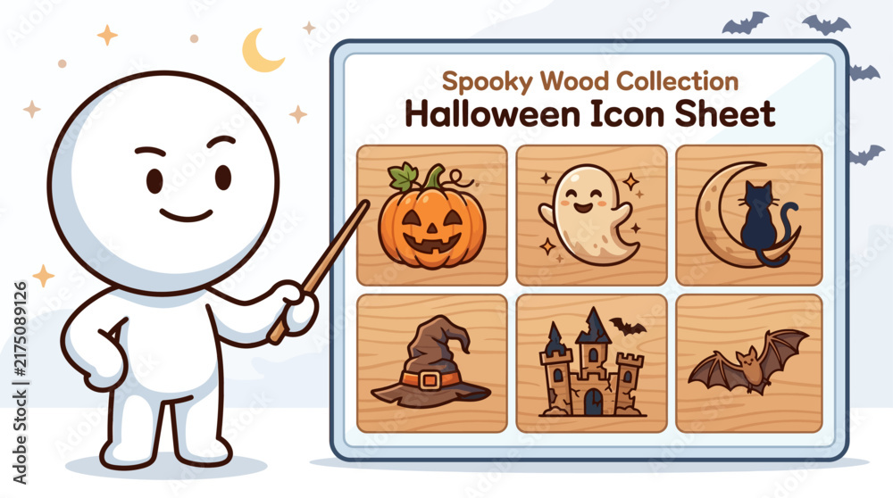 Fototapeta premium Cartoon character pointing at a wooden board with Halloween icons including a pumpkin, ghost, and cat.
