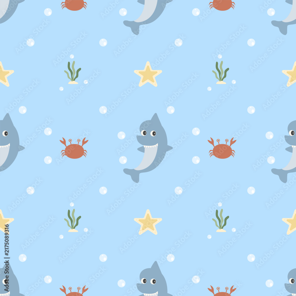 Obraz premium Underwater World Dolphin & Crab Seamless Pattern