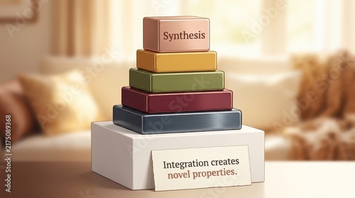 Stack of colorful blocks representing synthesis and integration, with a note stating 'Integration creates novel properties', symbolizing innovation an