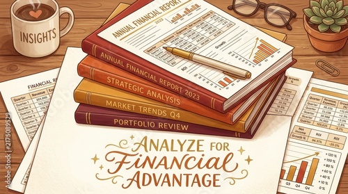 Stack of financial reports and books on a wooden desk with a mug of coffee, symbolizing financial analysis and business strategy.