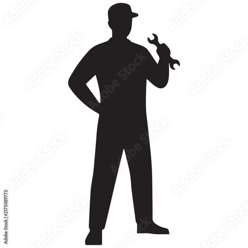 Black silhouette of a mechanic or repairman wearing a cap, holding a wrench in one hand, isolated on a white background