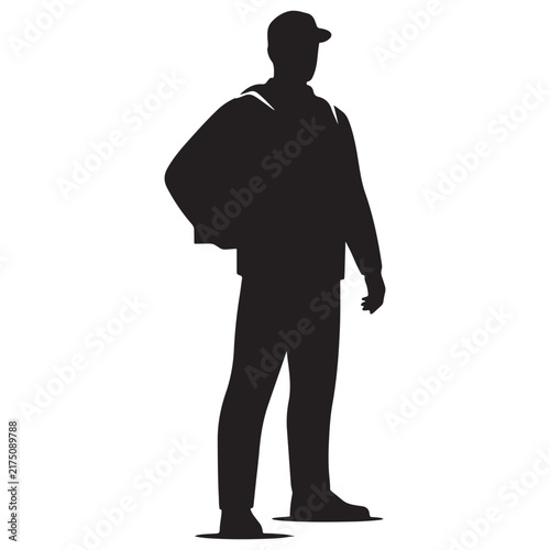 Black silhouette of a standing delivery worker wearing a cap and carrying a large square package, isolated on a white background
