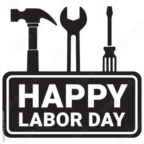 Black silhouette for labor day featuring a hammer, wrench, and screwdriver, isolated on a white background