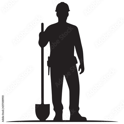 Black silhouette of a construction worker standing and holding a shovel, wearing a hard hat and tool belt, isolated on a white background
