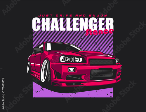 90s Stance Car Image with Striped Grunge Background Vector Image