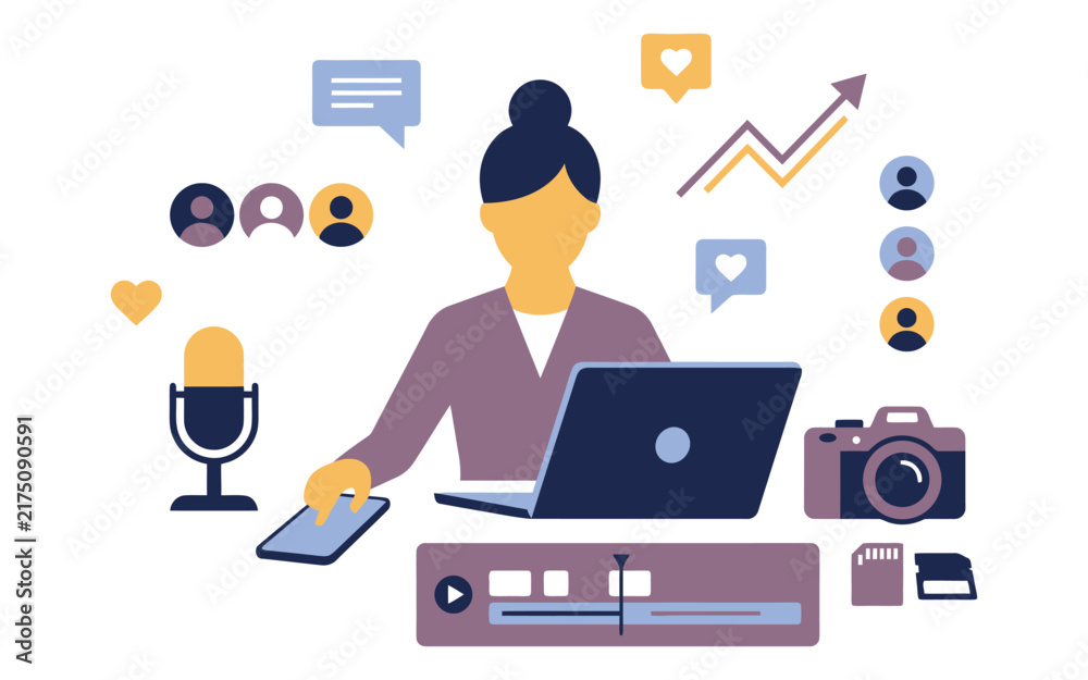 Fototapeta premium Professional content creator working on a laptop with video editing tools and social media marketing icons
