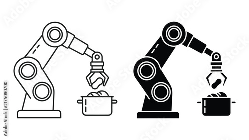 Robotic arm cooking food in a pot, industrial automation in kitchen, food manufacturing process, robotic chef icon, vector illustration isolated on white background
