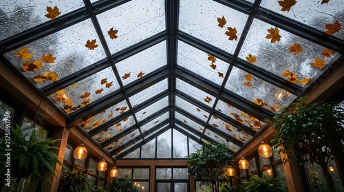 Cozy glass greenhouse roof with autumn leaves and raindrops. Warm pendant lights and indoor plants create a relaxing rainy fall day aesthetic. Moody biophilic architectural interior background