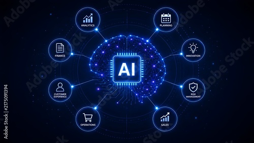 Artificial Intelligence Digital Brain Diagram Connecting Business Strategy And Management Nodes