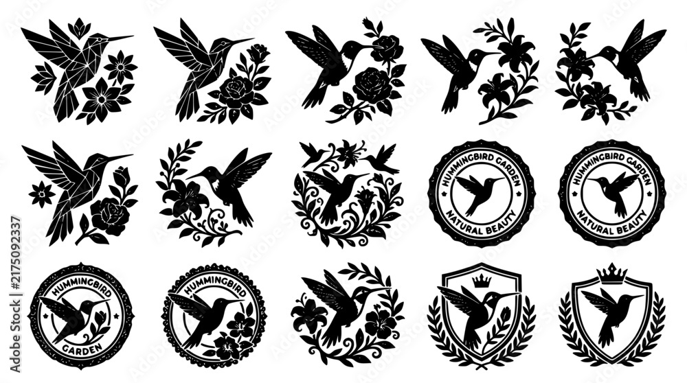 Fototapeta premium Hummingbird and Floral Silhouette Emblem Set featuring Vintage Badges Crests and Botanical Elements for Natural Beauty Branding and Label Designs