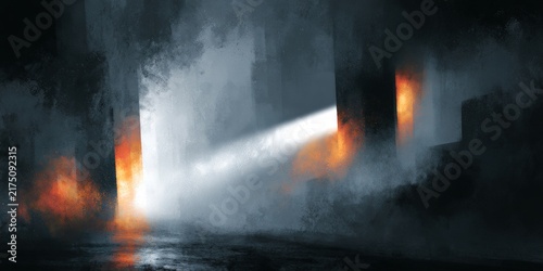 Abstract urban scene conveys contemporary city branding through layered charcoal textures, tall blocks, fog, and diagonal white light cutting through orange glow