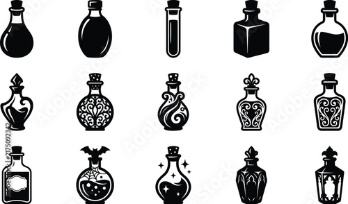 Cuadro en lienzo Set of black and white hand drawn potion bottles for halloween design elements a