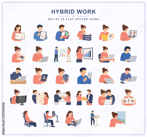 Hybrid work icon collection with remote collaboration and office productivity